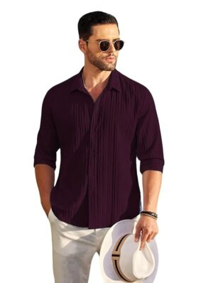 DEELMO Men Wine Long Sleeve Linen Shirt