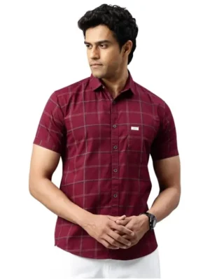majestic man men checked cotton maroon shirt